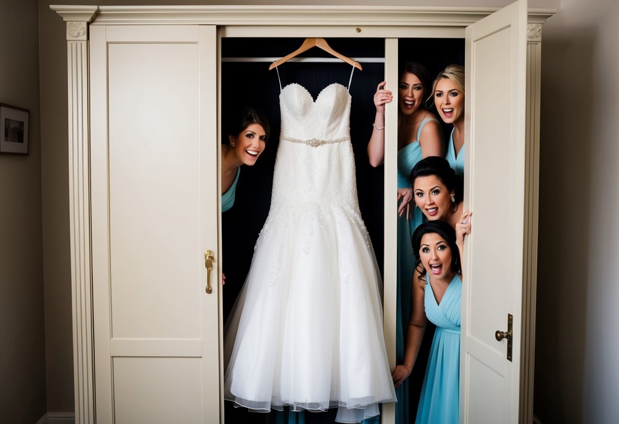 A bride's dress hidden in a locked wardrobe, surrounded by curious bridesmaids peeking through the keyhole