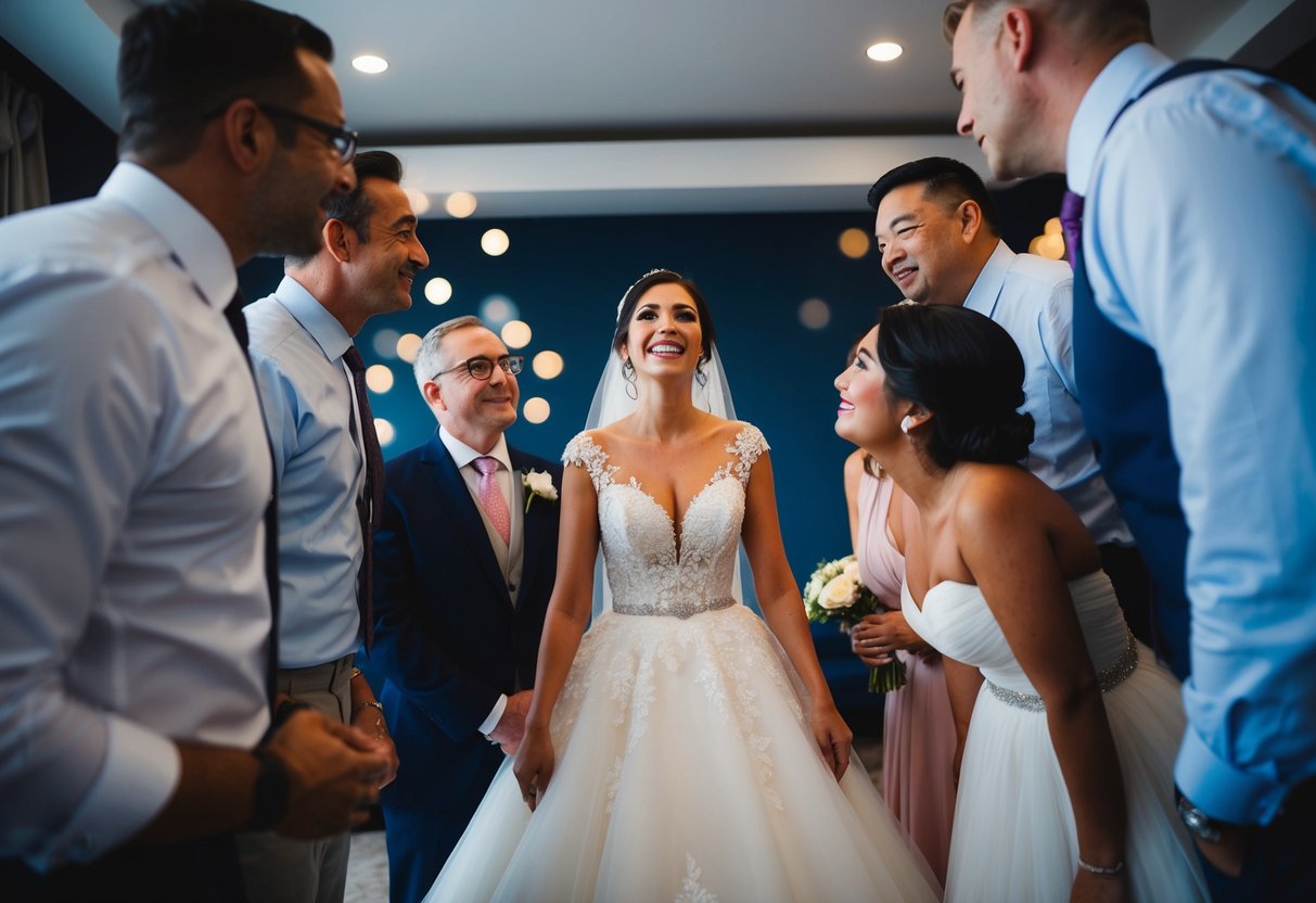 A circle of trusted figures admiring the bride's dress, with the bride at the center, eagerly awaiting their reactions