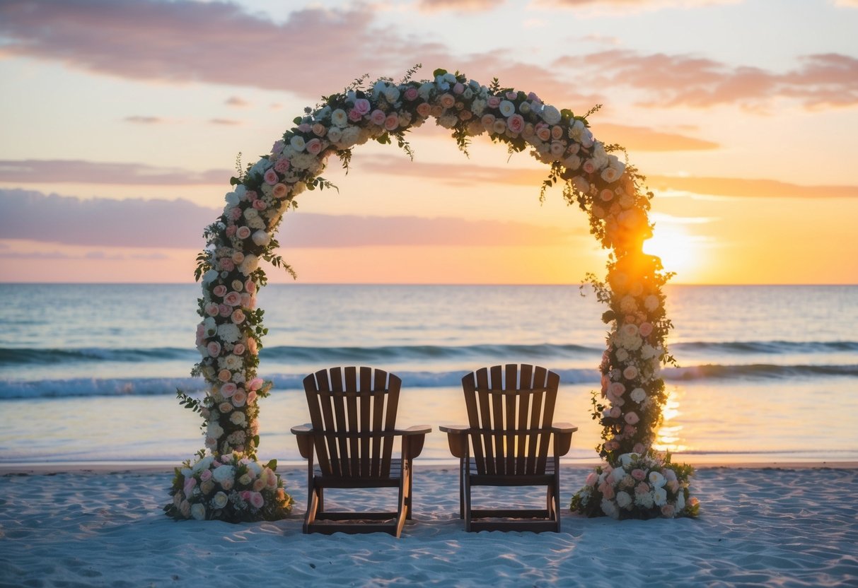 A serene beach at sunset with a flower-adorned archway and two chairs facing the ocean