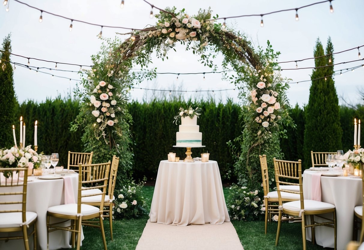 A festive outdoor setting with a beautiful arch adorned with flowers, surrounded by greenery and twinkling lights. Tables are set with elegant decor and a large cake stands as the centerpiece