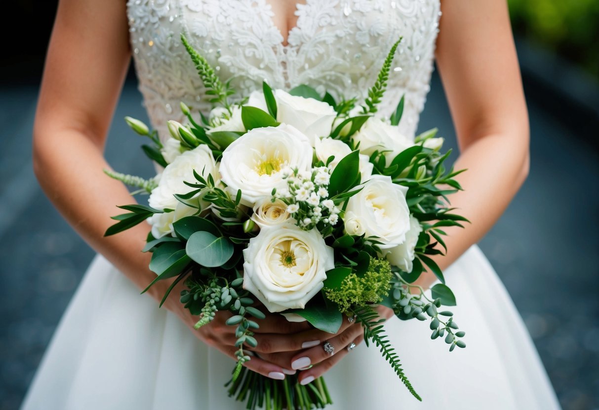 A bride's bouquet of white flowers and greenery