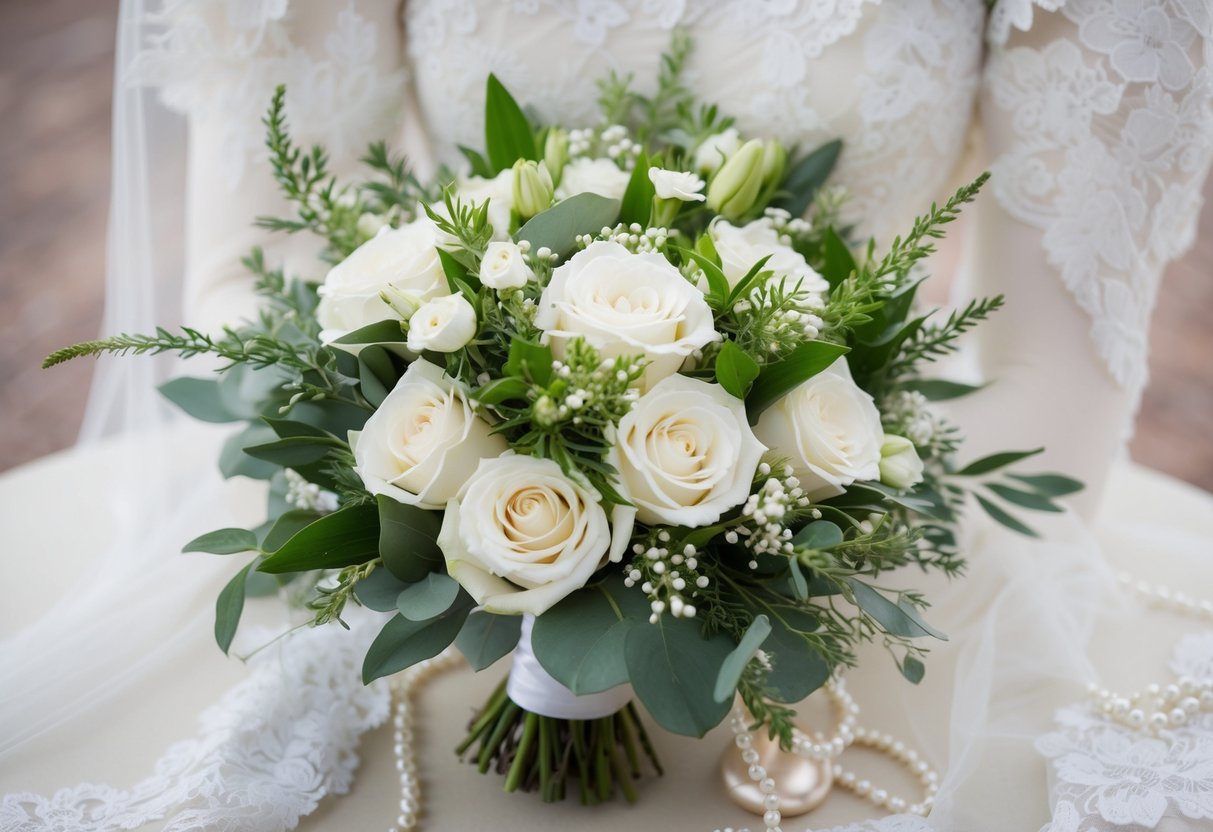 A bride's bouquet of white flowers and greenery, surrounded by delicate lace and pearls