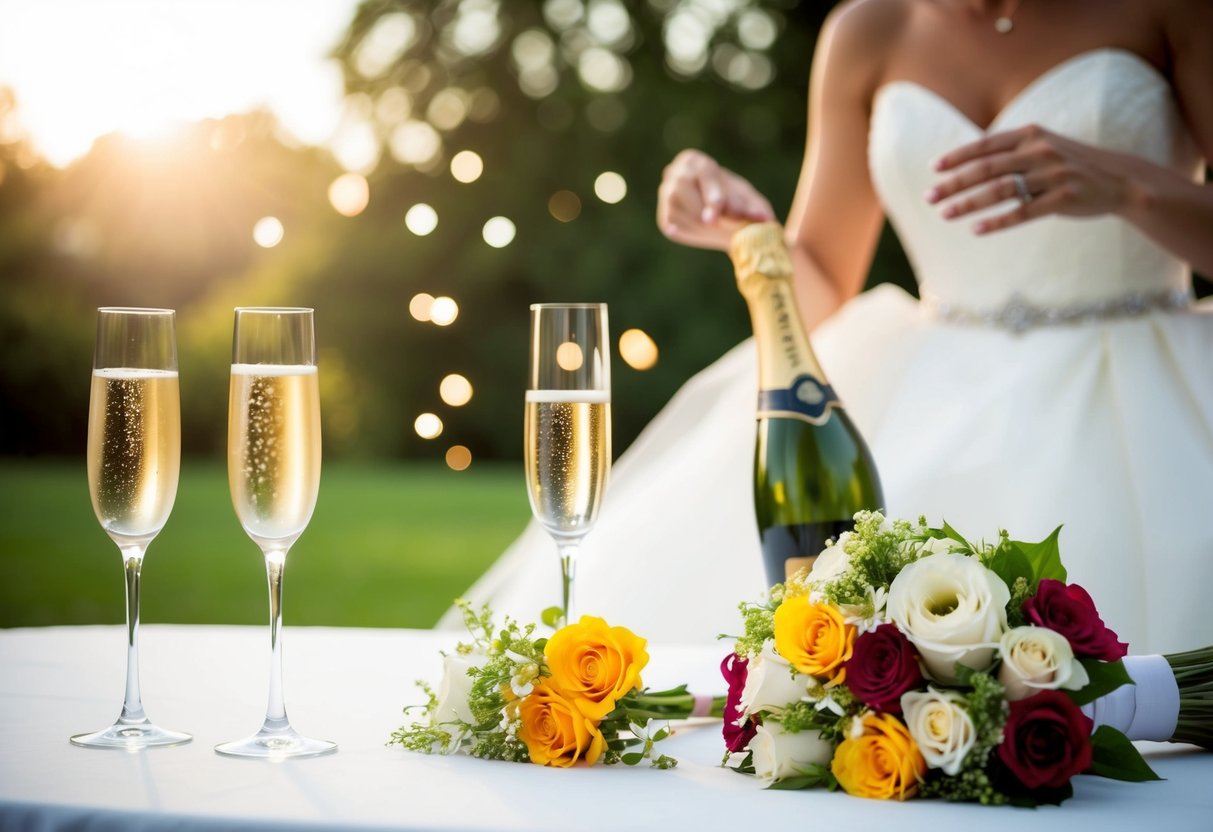 A joyous wedding scene with flowers, champagne, and a white gown