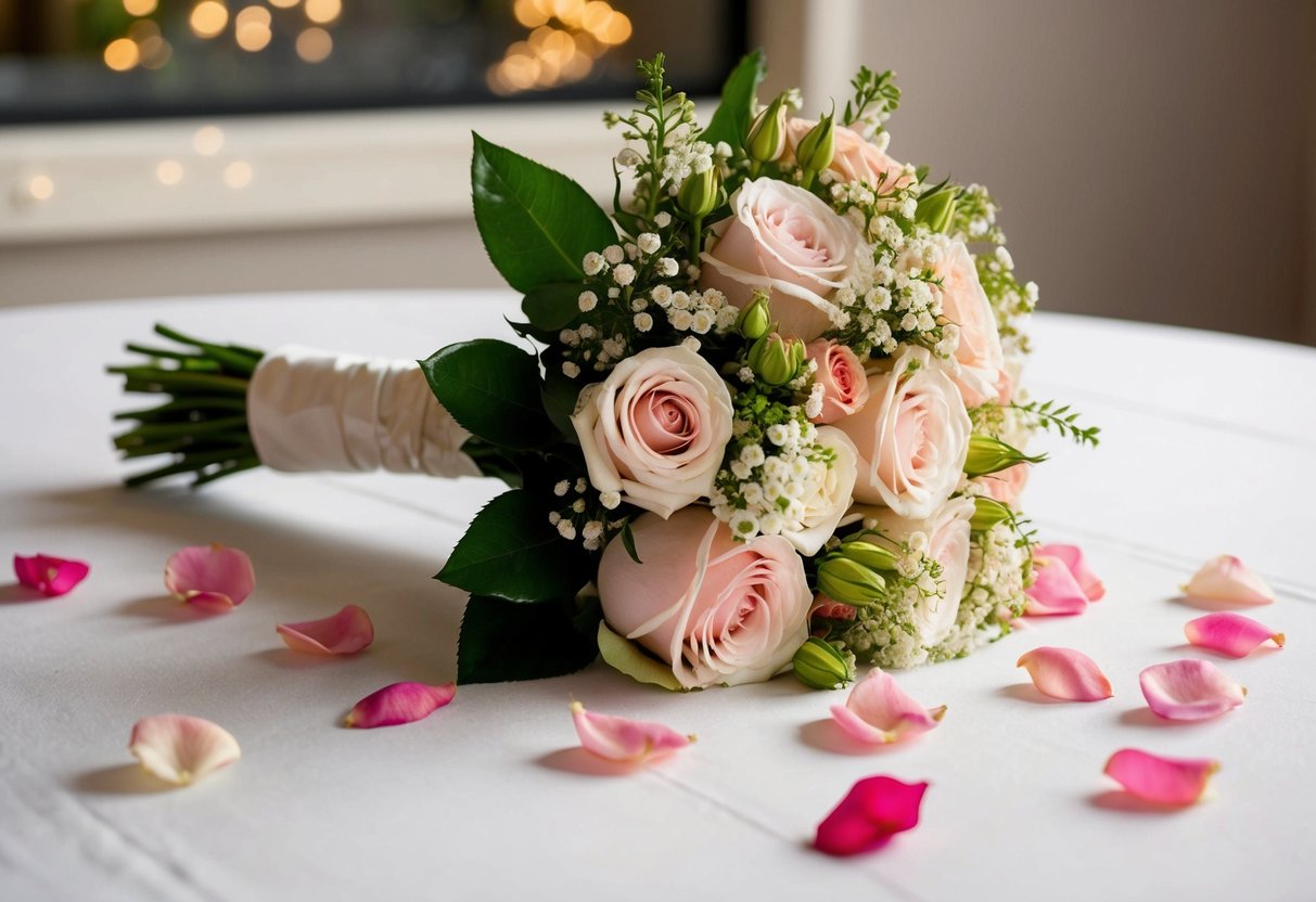 A bride's bouquet resting on a table, surrounded by scattered rose petals