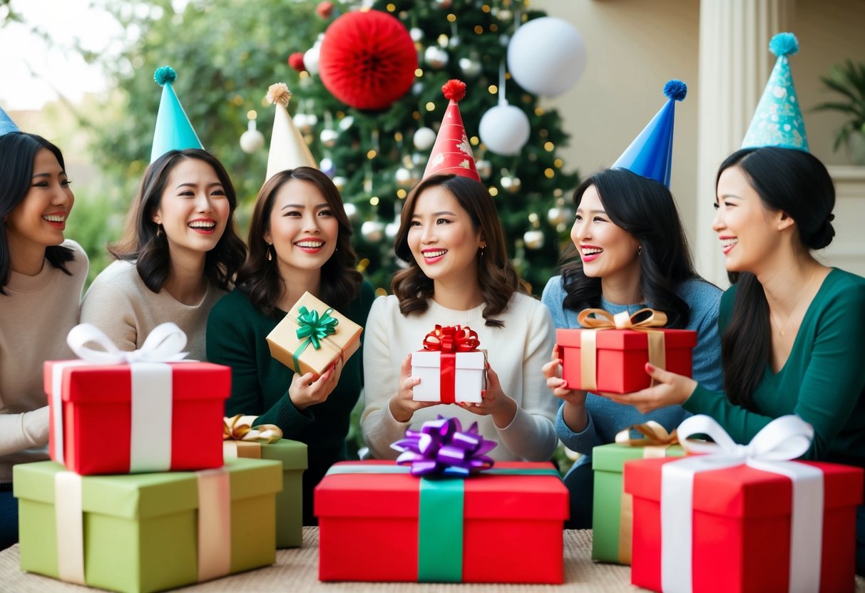 A group of women celebrating with gifts and decorations in a garden or elegant indoor setting