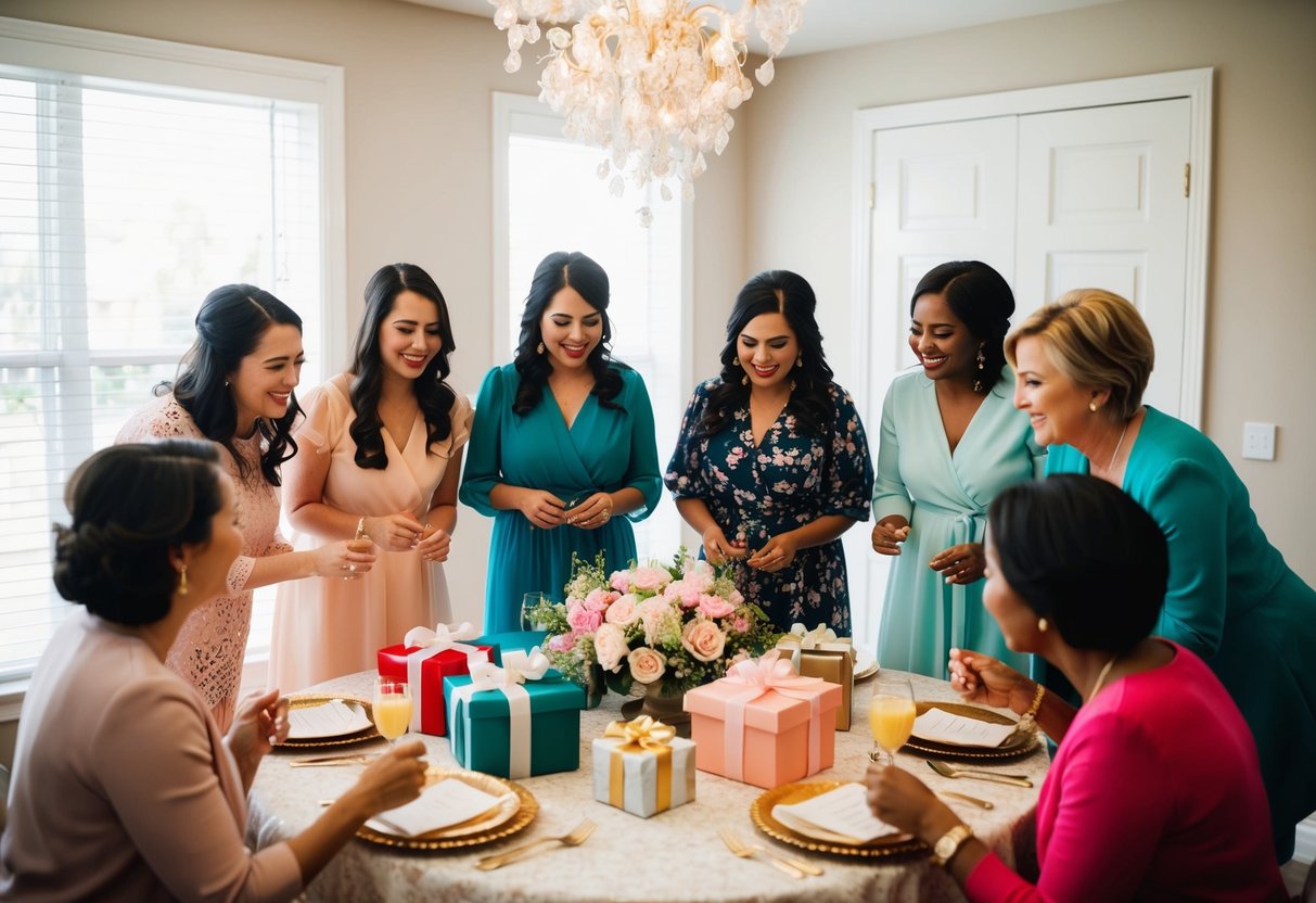 A group of women gathering around a decorated table with gifts and flowers, symbolizing the cultural significance of a bridal shower