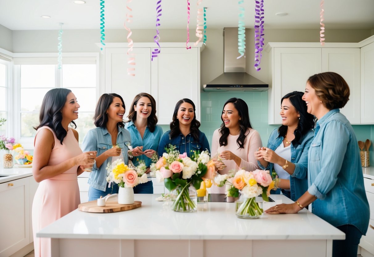 A group of women gather in a bright, modern kitchen, laughing and chatting as they decorate the space with flowers and streamers for a bridal shower