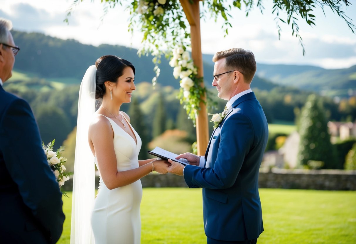 A registrar conducting a wedding ceremony outdoors in a picturesque setting