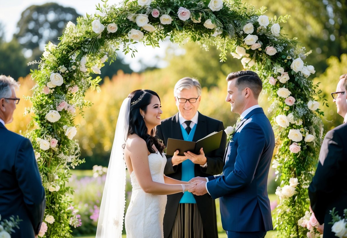 A couple stands beneath a flower-adorned arch in a sun-drenched garden, a registrar officiating their wedding ceremony