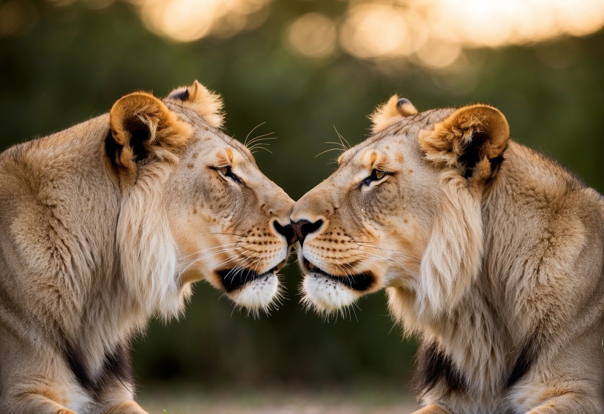 Two lions nuzzling each other, their noses touching affectionately