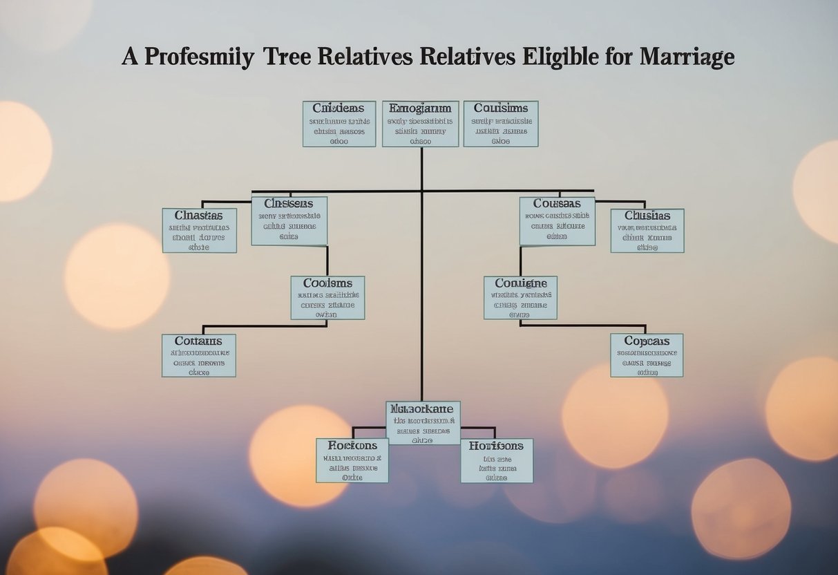 A family tree diagram showing the closest relatives eligible for marriage, with lines connecting cousins