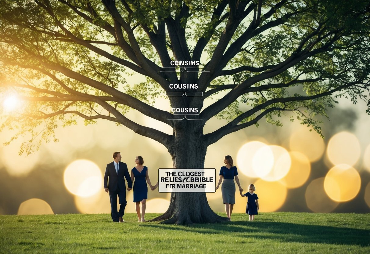 A family tree with branches intertwining, showing the connections between cousins and highlighting the closest relative permissible for marriage