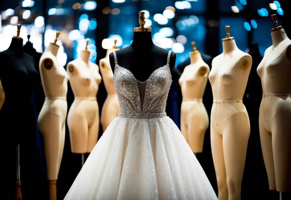 A sparkling white gown on a mannequin, surrounded by a variety of body forms in different sizes and shapes