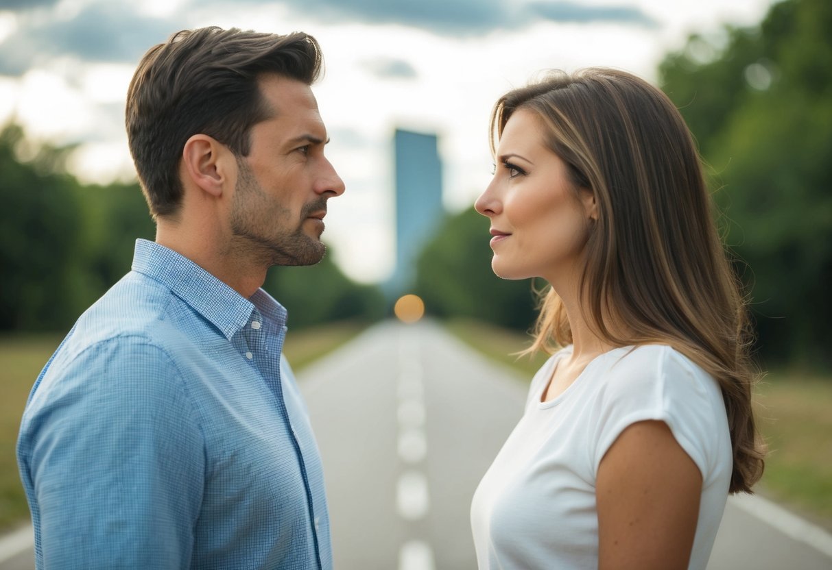 A man and a woman standing with a distance between them, looking at each other with uncertain expressions