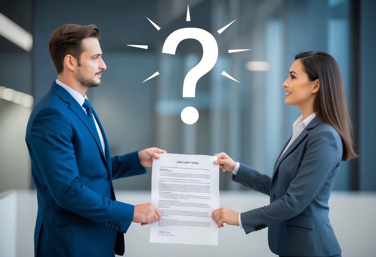 A man and a woman standing before a legal document with a question mark hovering above them