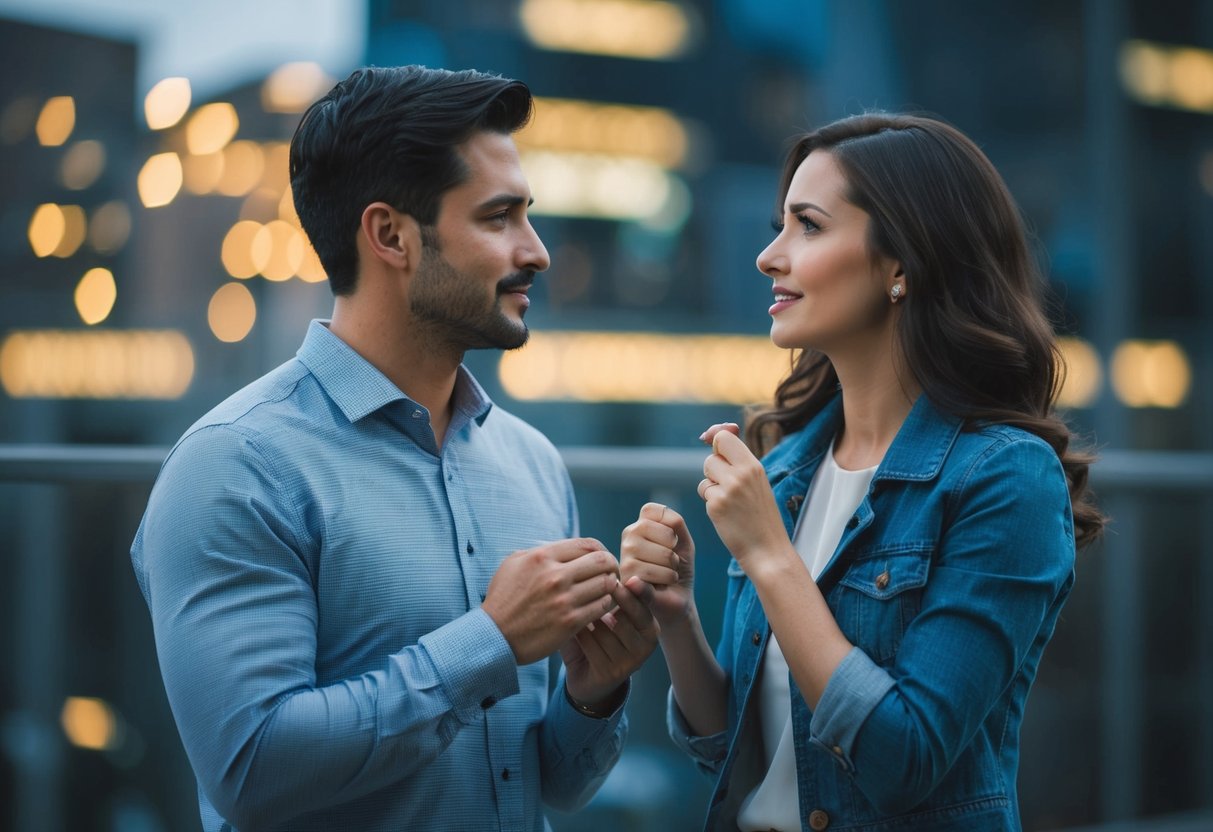 A man and a woman discussing a marriage proposal, with a sense of tension and uncertainty between them