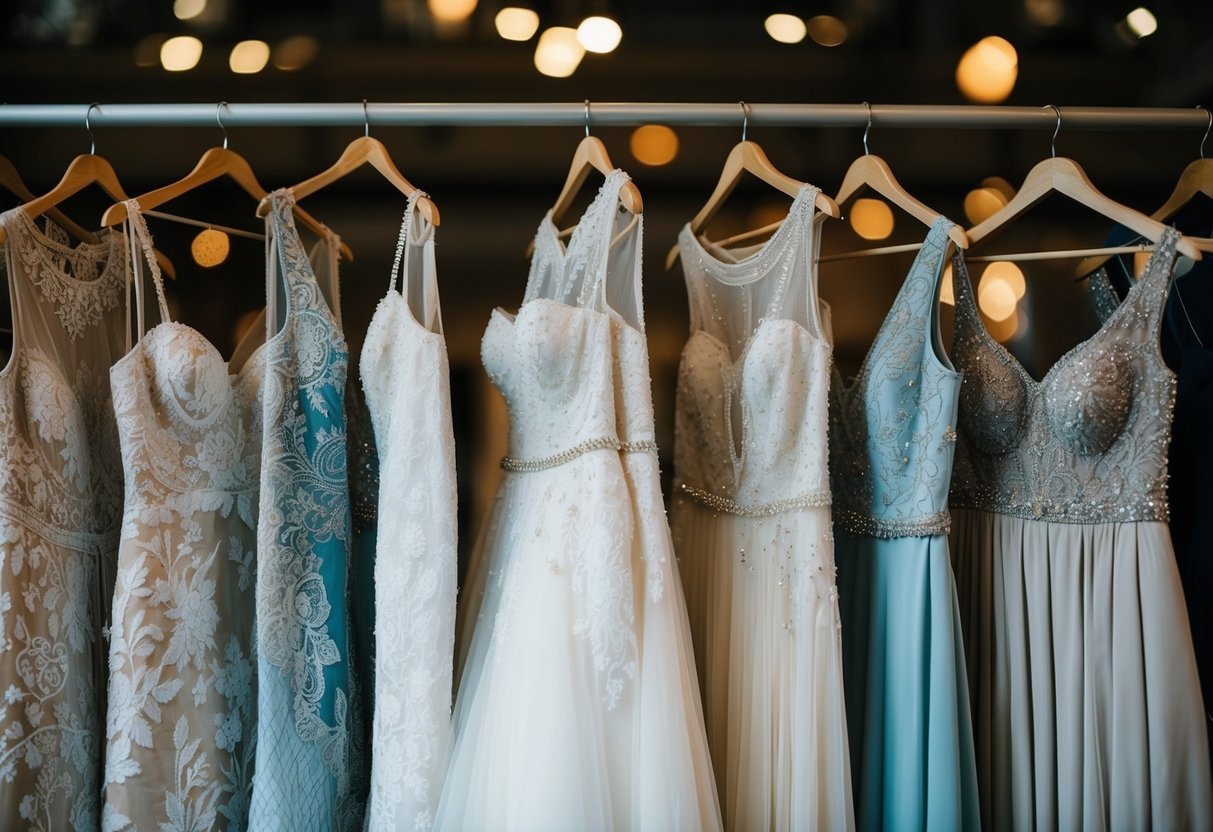 A variety of fabrics and intricate details, such as lace, beading, and embroidery, adorn a collection of wedding dresses, each designed to flatter all body types
