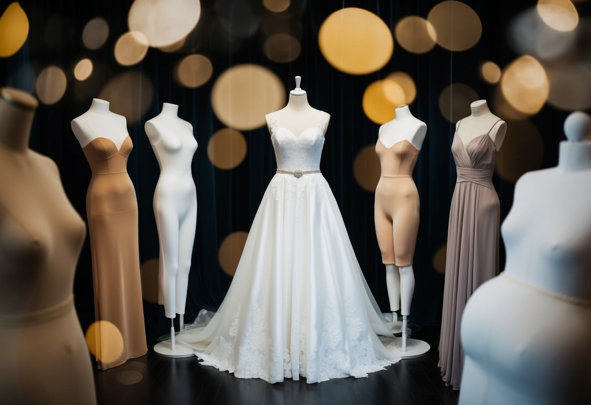 A wedding dress displayed on a mannequin, surrounded by a variety of body types and skin tones