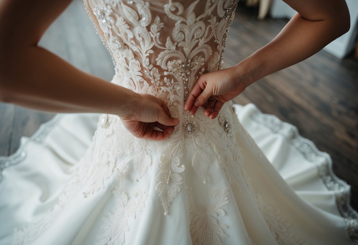 A regal wedding dress being carefully crafted and adorned with intricate lace and delicate embellishments