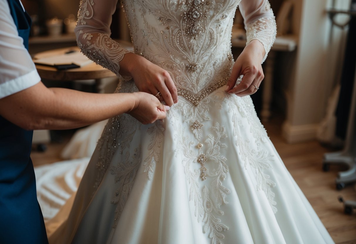 A regal wedding dress being carefully crafted and adorned with intricate lace and beading by skilled hands