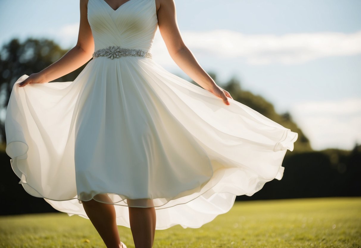 A flowy, knee-length dress caught in a gentle breeze at an outdoor wedding