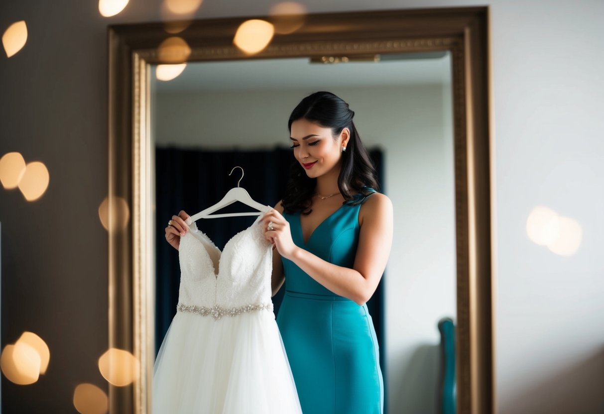 A woman holding a wedding dress, checking its length in front of a full-length mirror