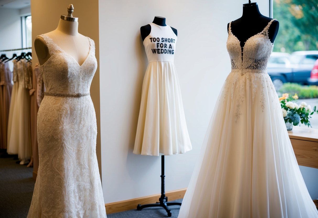 A mannequin in a bridal shop wearing a floor-length gown, next to a shorter dress marked "too short for a wedding."
