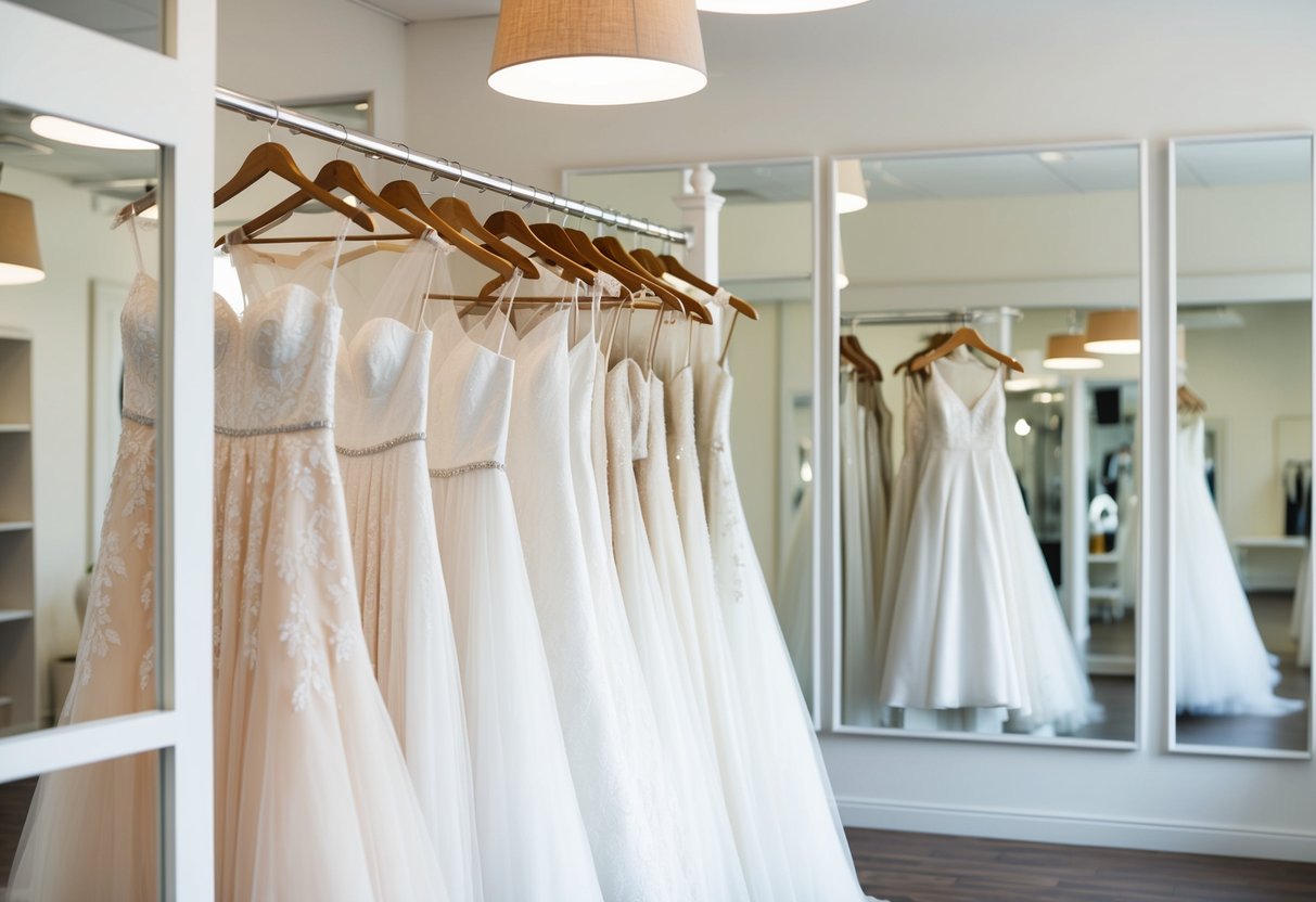 A rack of wedding dresses in a bright, airy bridal boutique with large mirrors and soft lighting