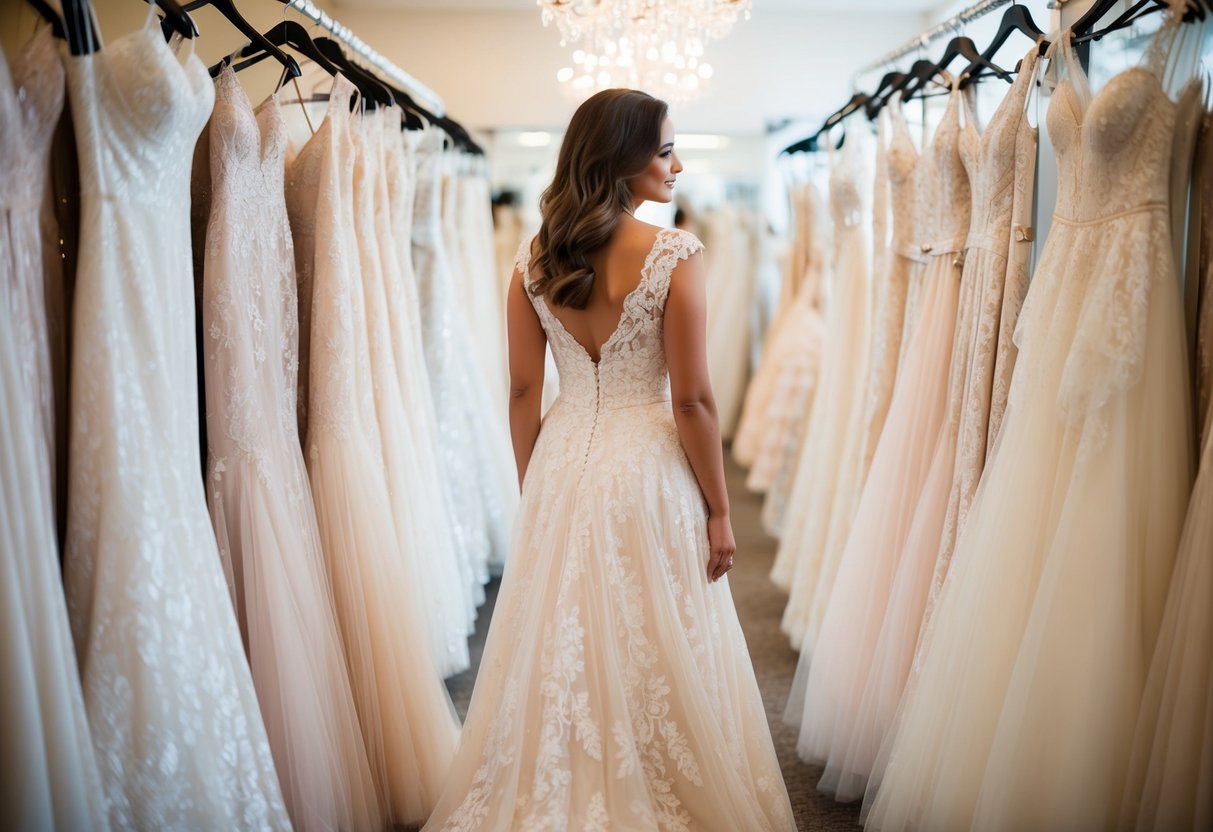 A woman stands in front of a row of wedding dresses, admiring the intricate lace and flowing fabric. The soft lighting creates a dreamy atmosphere in the bridal salon