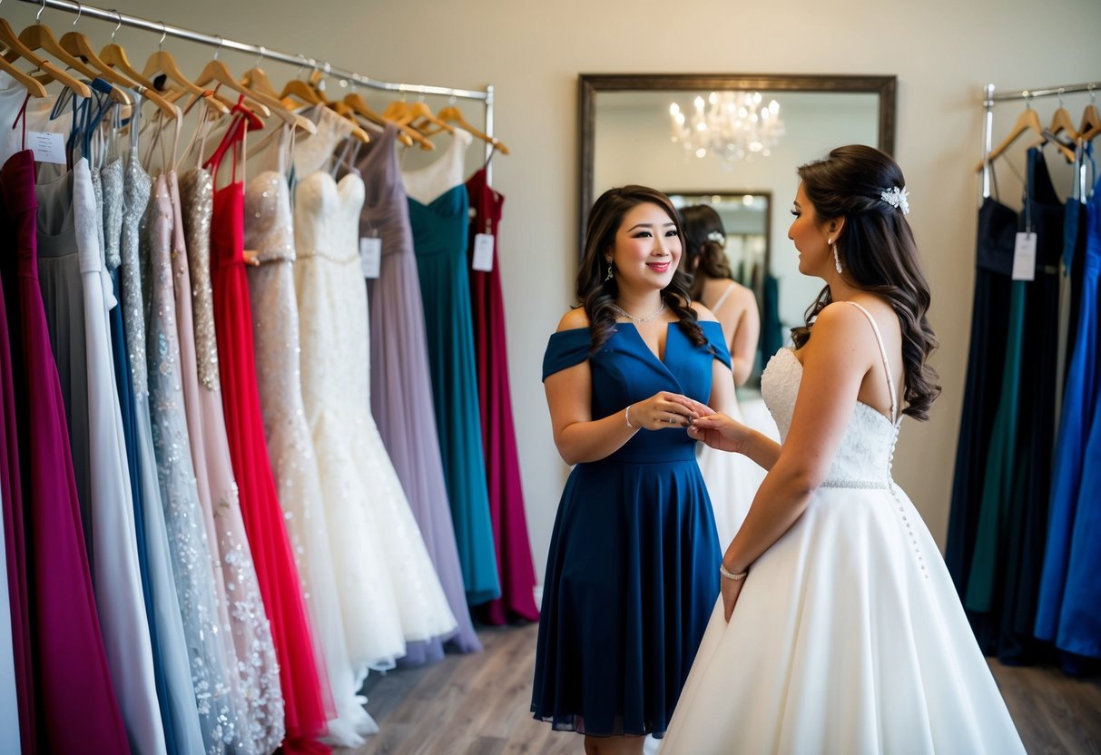A bride-to-be stands in front of a mirror in a bridal boutique, surrounded by racks of wedding dresses in various styles and colors. She holds a dress up to her body, examining the fit and design