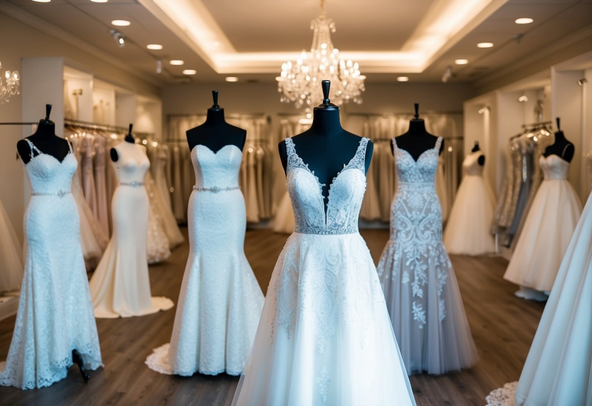 A variety of wedding dresses displayed on mannequins in a spacious and well-lit bridal boutique