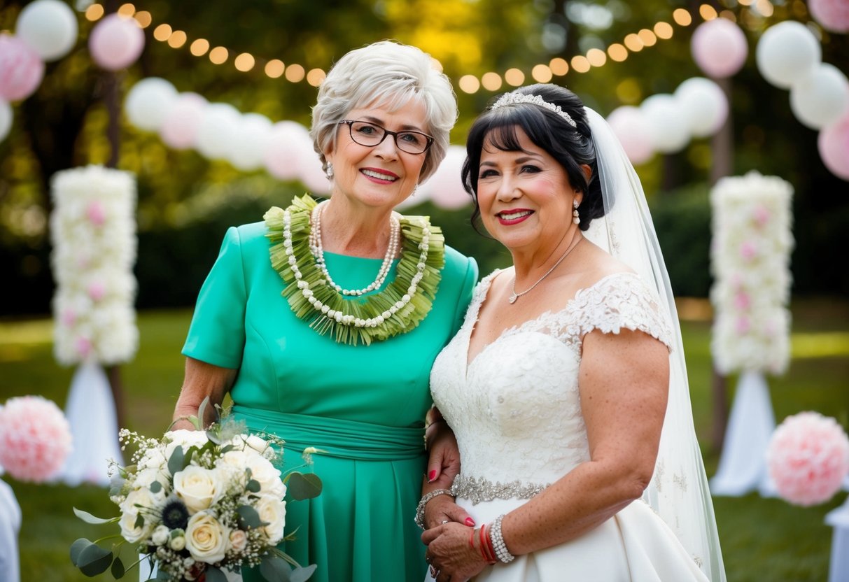 A bride and her mother stand together, wearing matching colors, surrounded by wedding decorations
