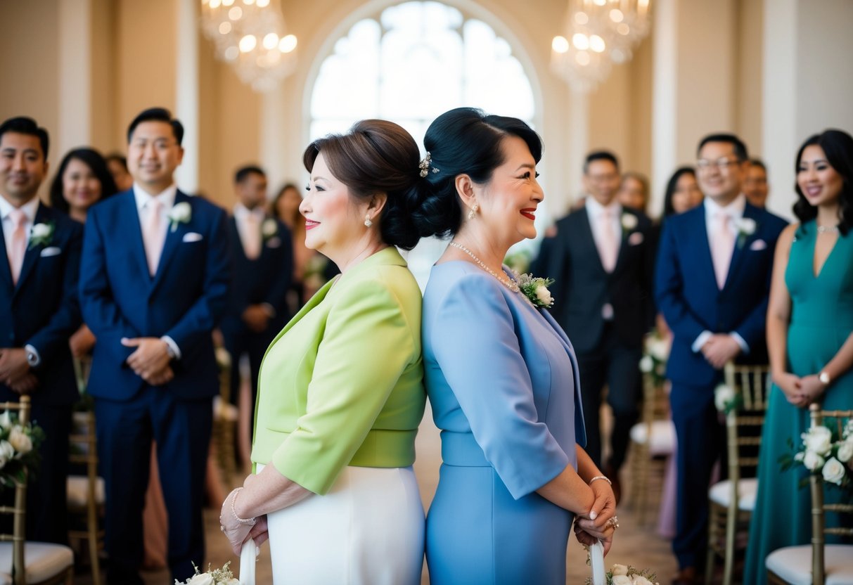 A mother and bride stand side by side, wearing different but complementary colors, surrounded by elegant wedding attire