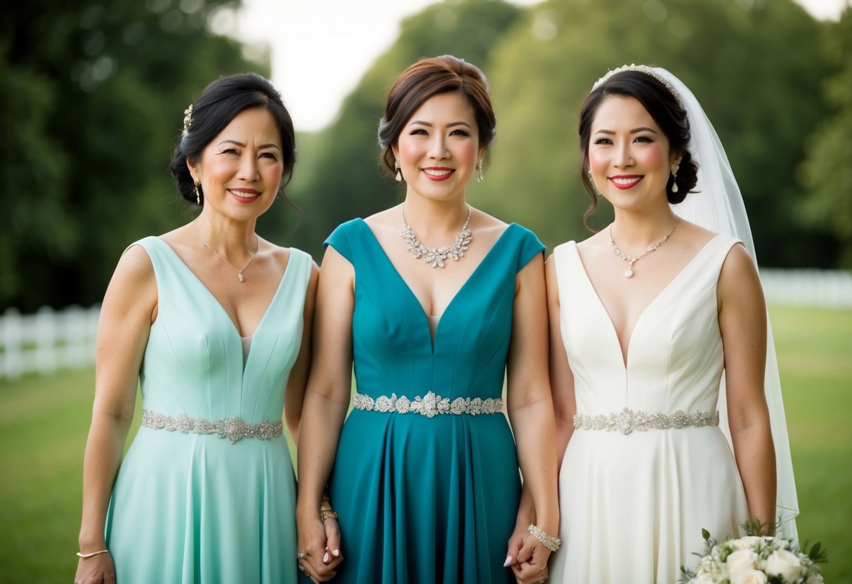 A mother and bride stand side by side, wearing dresses in coordinating but distinct colors, showcasing their individuality and unity for the special occasion