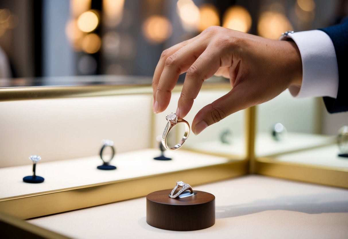 A hand reaching for a sleek wedding ring on display in a jewelry store