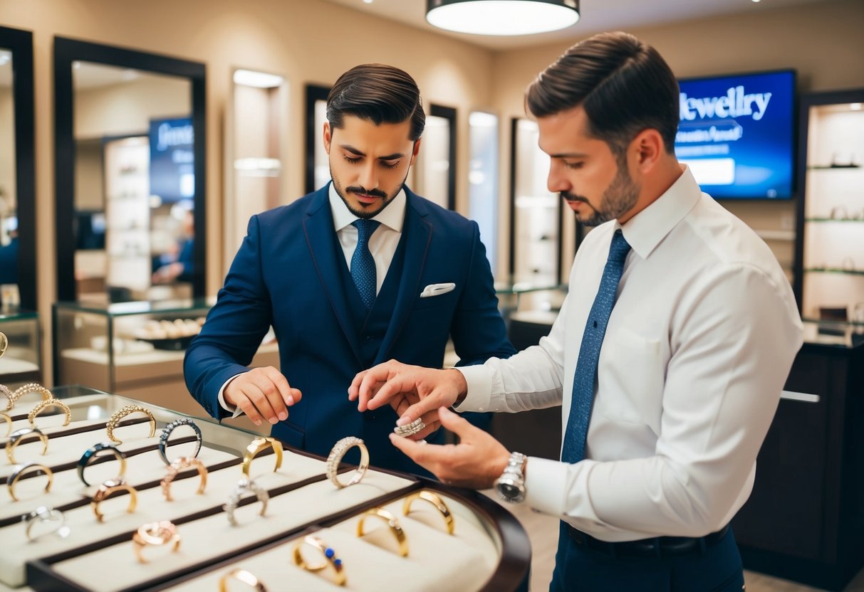 A man browsing through various wedding bands at a jewelry store, with a salesperson assisting him in making a selection