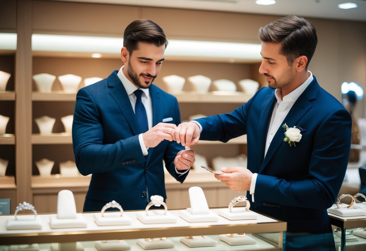 A man browsing wedding rings at a jewelry store, with a salesperson showing him different options