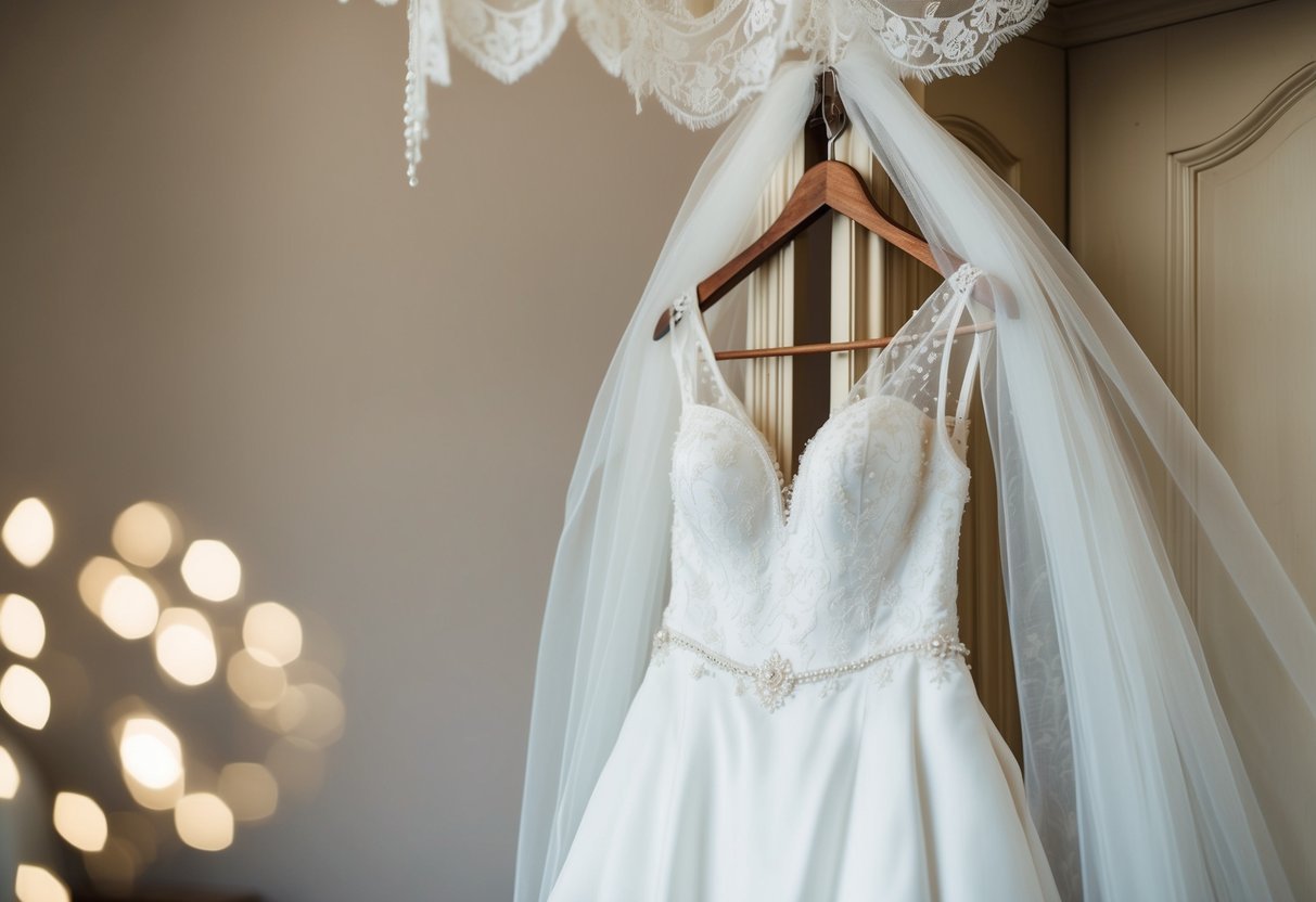 A white wedding dress hangs on a vintage wooden hanger, surrounded by delicate lace and intricate beadwork, with a soft veil draped over the back