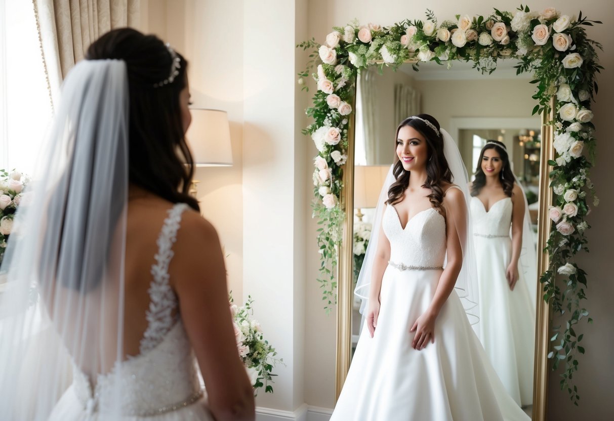 A bride standing in front of a mirror, trying on a white wedding dress with a veil, surrounded by floral arrangements and soft lighting