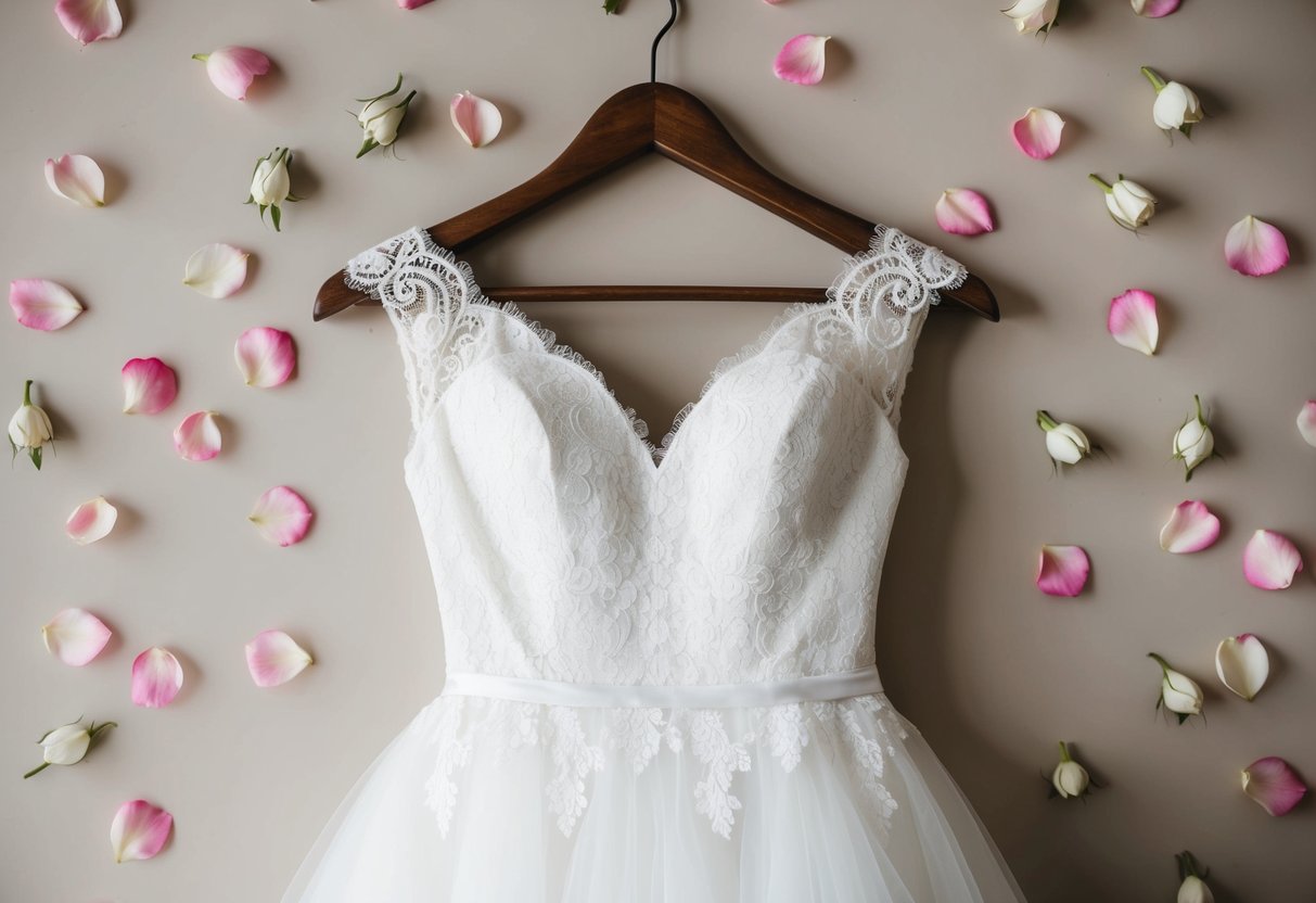 A white lace wedding dress hanging on a vintage wooden hanger, surrounded by delicate pink rose petals