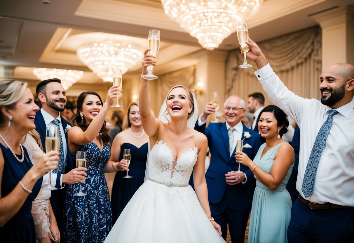 A joyful bride surrounded by loved ones, raising a champagne glass in a beautifully decorated reception hall