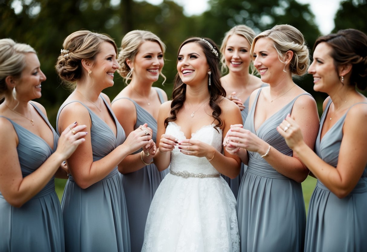 A group of bridesmaids, some wearing wedding rings, stand together in matching dresses, smiling and chatting