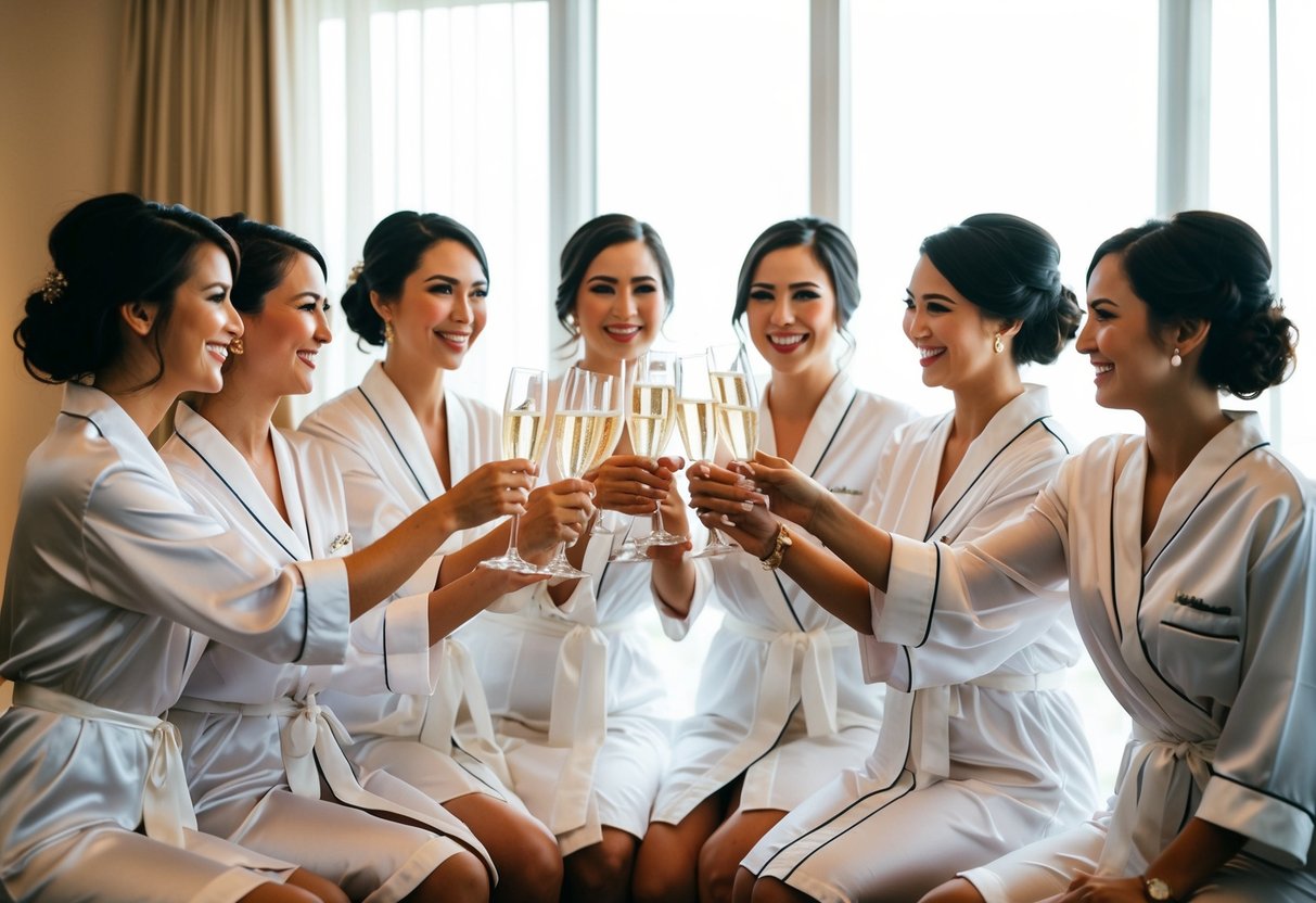A group of women in matching robes toast with champagne while getting ready for a wedding