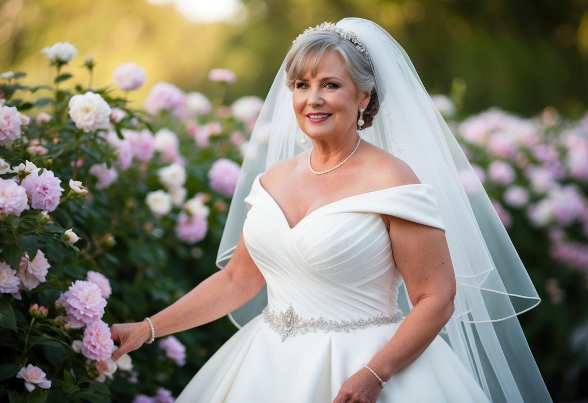 A mature bride in a flowing white gown, standing beneath a delicate veil, surrounded by blooming flowers