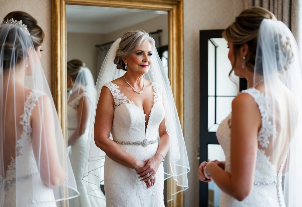 A mature bride stands in front of a mirror, trying on different veils of varying lengths and styles, contemplating which one suits her best
