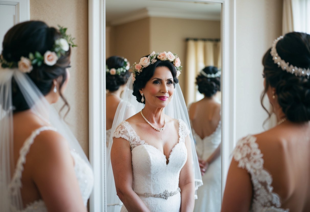 A mature bride stands in front of a mirror, trying on different headpieces like a floral crown or a jeweled hair comb instead of a traditional veil