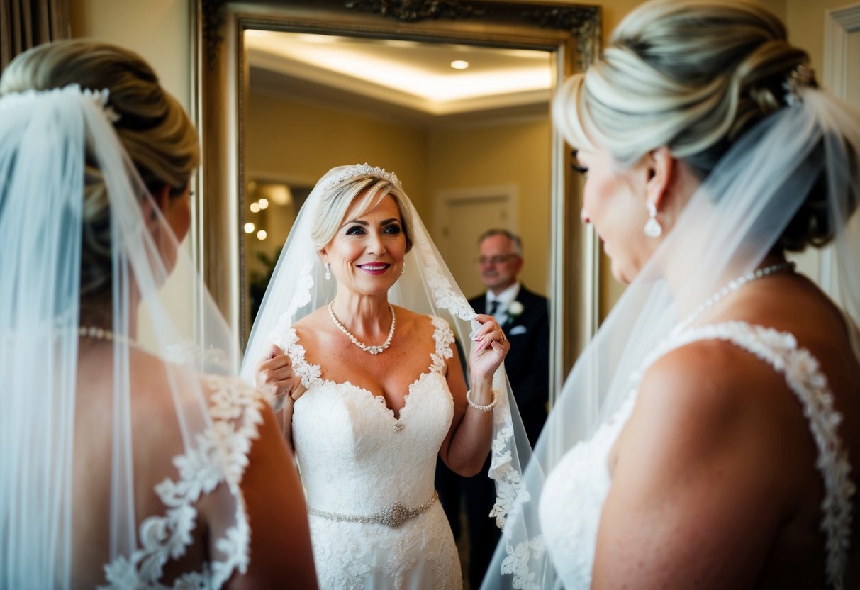 A stylish bride over 50 adjusts her elegant veil in front of a mirror, adding a personal touch to her wedding attire