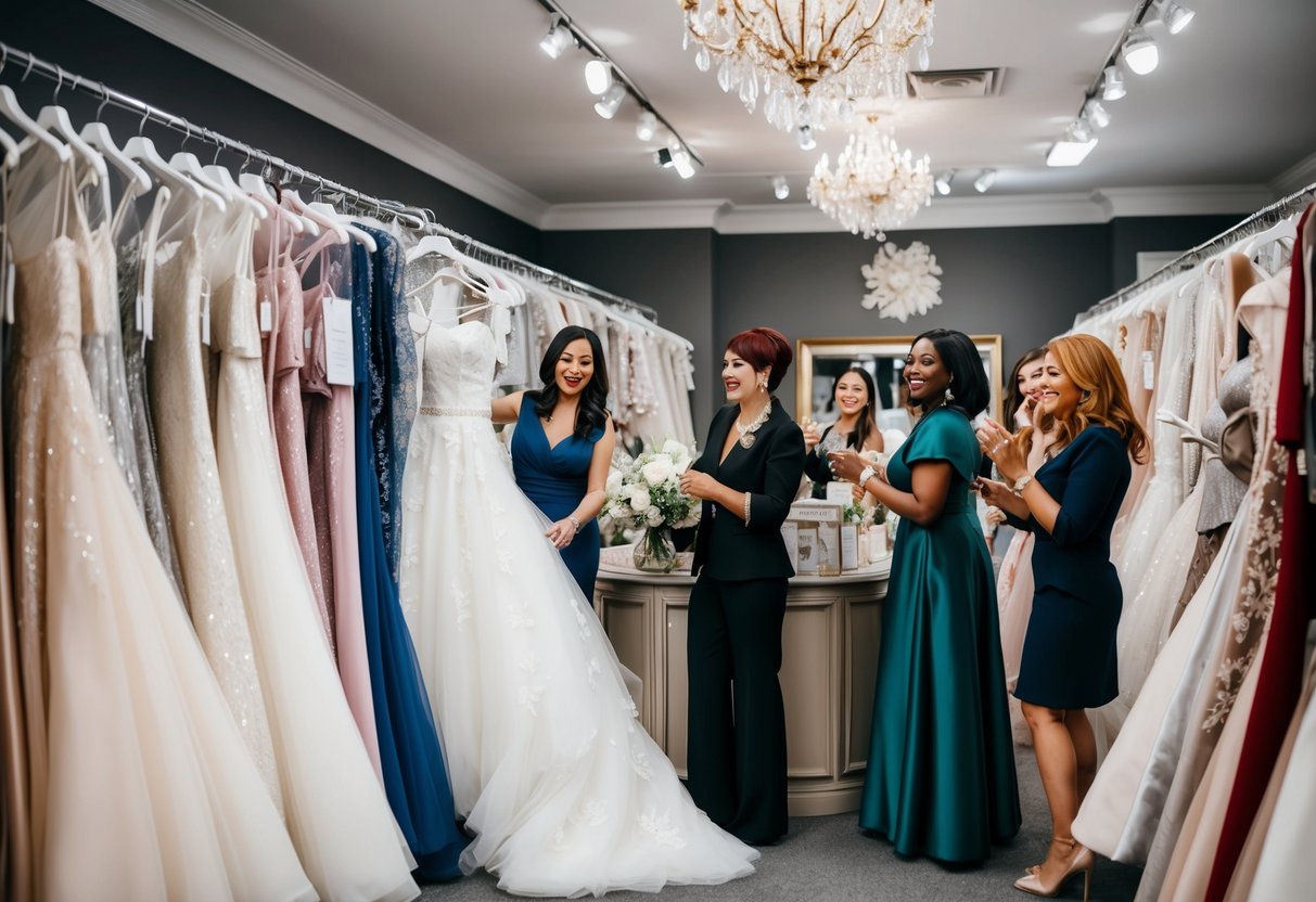 A bustling bridal boutique with racks of elegant wedding gowns, a variety of styles and designs, and a team of consultants assisting excited brides-to-be