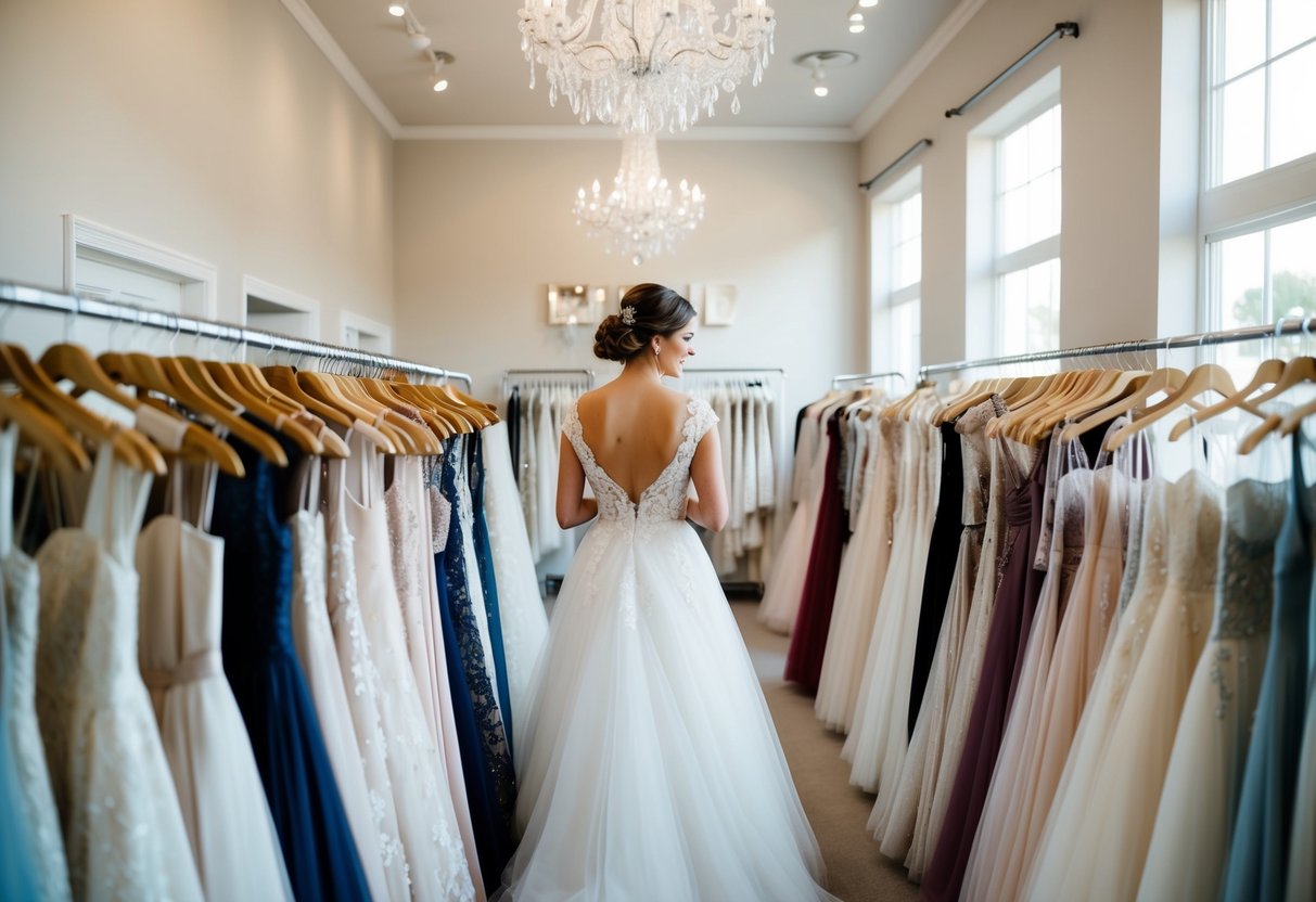 A bride-to-be browsing through racks of wedding dresses at a bridal boutique, surrounded by various styles and designs