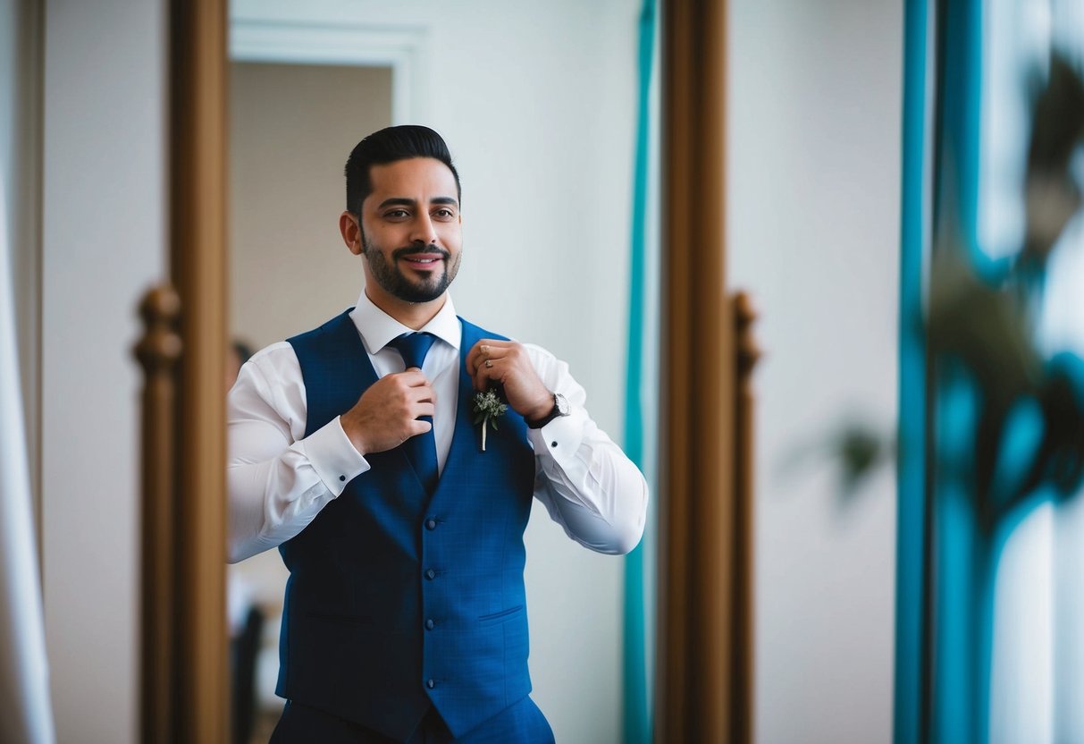 A groom standing in front of a mirror, adjusting his tie and admiring his reflection